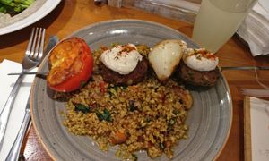 vegan kebab skewer served on a freaky  at Michelangelo Cafe in Tel Aviv