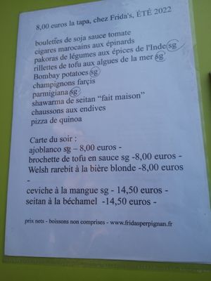 Menu at Frida's in Perpignan