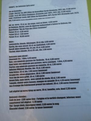 Menu at Frida's in Perpignan