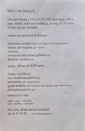 Menu (the daily special is on top and it's changing) at Frida's in Perpignan