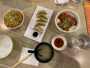 Noodles, dumplings, pumpkin katsu curry, meso.  #Veganuary at LHR - YO! Sushi - T2 in West London
