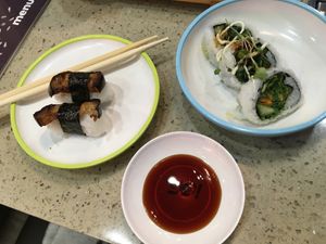 Aubergine nigiri and yasai sushi  at LHR - YO! Sushi - T2 in West London