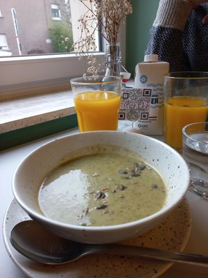 Green Goddess Soup: zucchini, spinach, cress and broccoli at Glow in Luxembourg City