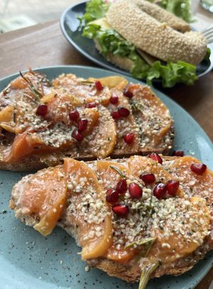 Toast of the moment / almond creme - roasted peaches - hempseeds 🍑 (from May)  at Glow in Luxembourg City