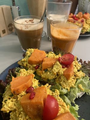 Bulletproof coffee, chai latte and tofu scramble sandwich   at Glow in Luxembourg City