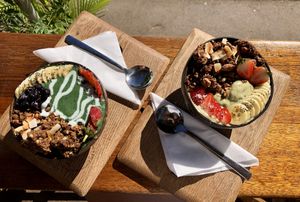 A spirulina and a gone green breakfast bowl  at Nourish'd Cafe & Juicery - Kloof in Cape Town