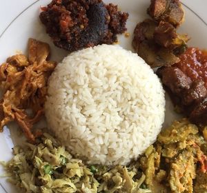 Nasi Campur - mock meat skewer and jackfruit curries  at Warung Pande Vegan - Canggu in Canggu