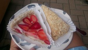 strawberry tart with almond cream and napoleon! both delicious  at Sereda in Kyiv