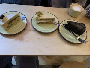 Banana cake, grapefruit cake and Zaher cake  at Sereda in Kyiv