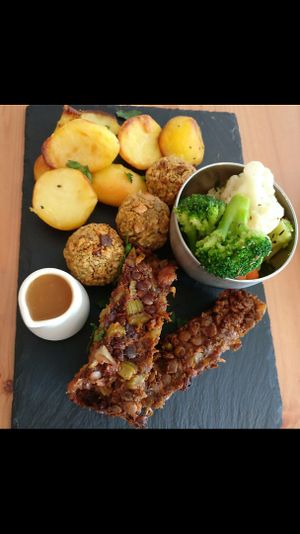 Beautiful lentil walnut Sunday roast every week at The Honest Vegan in Belfast