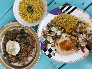 Shawarma plate and Mystical Forest plate with a side of rice at Aviv - Old Town in Portland