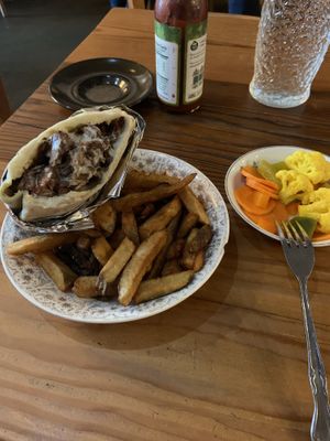 Jackfruit pita and fries and pickled veggies  at Aviv - Old Town in Portland