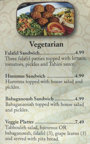 Veggie menu at Cedars Grill in St Petersburg