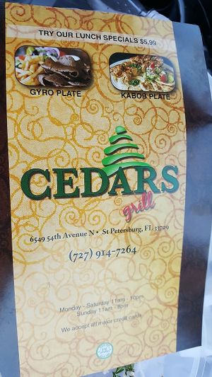 Menu at Cedars Grill in St Petersburg