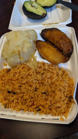 Yellow rice w/pigeon peas Yuka and plantains at Christina's Criollo in Lancaster