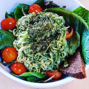 Incredible Raw Vegan Pesto Pasta at Under the Sun Cafe in Long Beach