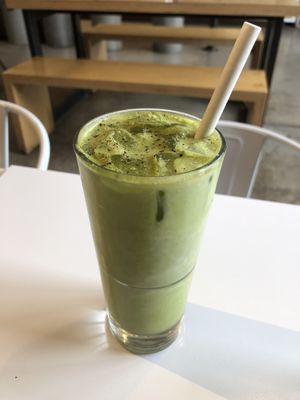 Cold matcha latte 🍵  at Under the Sun Cafe in Long Beach