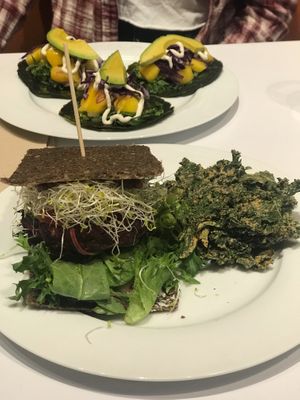 Burger & Kale chips at Under the Sun Cafe in Long Beach