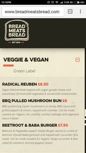 Vegan menu 2 at Bread Meats Bread in Edinburgh