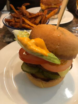 Chick’n, bac’n and cheese burger - so yummy  at Bread Meats Bread in Edinburgh