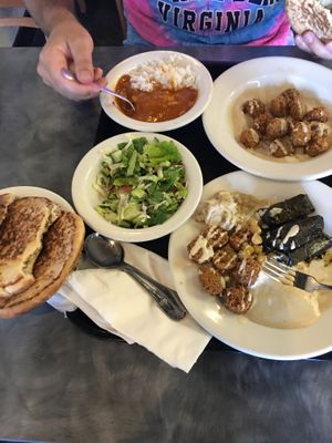 Soup, falafel platter, sampler, pita, and side salad at Ray Adea's Mediterranean Kitchen in Salem