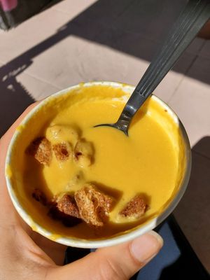 Carrot celery soup with croutons at Chef Tanya's Kitchen in Palm Springs