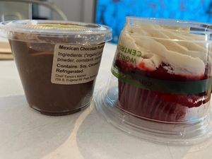 Chocolate pudding and Red velvet cupcake at Chef Tanya's Kitchen in Palm Springs