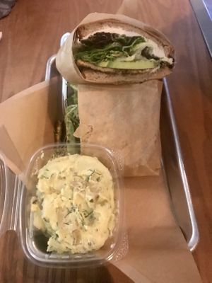 BLT with avo and crack cheese and side of potato salad at Chef Tanya's Kitchen in Palm Springs