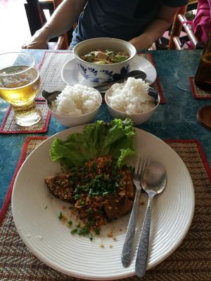 "Copy fish" with garlic and "copy pork" curry at Naga Cafe & Bar in Koh Chang