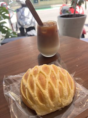 Soy tea and one of the many baked goods  at HiPizza in Taipei