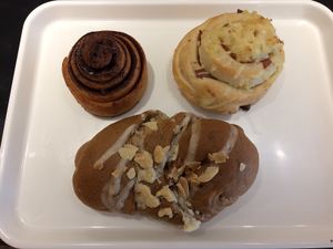 cinnamon bun, cheezey bacon bread, and coffee butter cake. SOOOO good! at HiPizza in Taipei