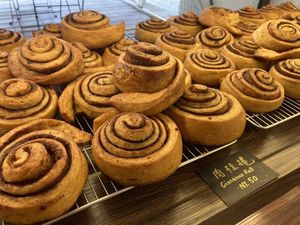 A rack of cinnamon rolls at HiPizza in Taipei