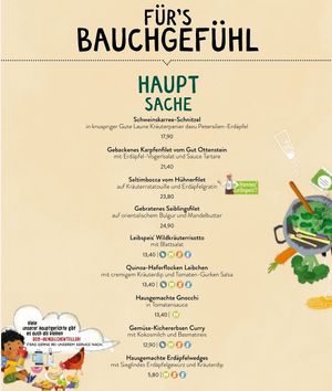 menu cart this month (the 🍂 dishes are vegan) at Leibspeis in Sproegnitz