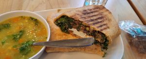 Tofu quinoa wrap with a cup of red lentil + greens soup and a power cookie - 5/5 at Tractor Foods - Marine Building in Vancouver