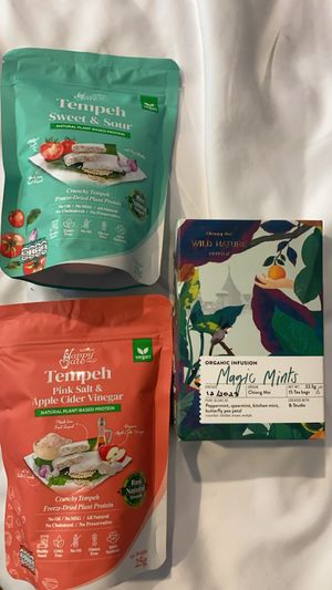 Freeze-dried tempeh, and a minty tea  at Good Health Market in Chiang Mai