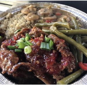 BBQ fried Seitan, quinoa, Lima beans and mushrooms, and fresh string beans  at Obsidian Eats - Food Cart in Philadelphia