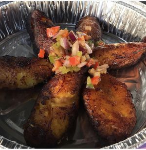 Kelewele - sweet and spicy plantain with green pepper, red pepper and onion.  at Obsidian Eats - Food Cart in Philadelphia