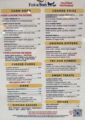 Menu. (Anything with a 4-pointed star and infinity symbol can be made egg/dairyfree)  at Fox & Son Fancy Corndogs in Philadelphia