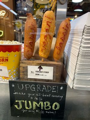 Vegan corn dog visual guide at Fox & Son Fancy Corndogs in Philadelphia