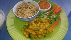 Thai - style noodles and curried garbanzos at Desert Roots Kitchen in Tempe