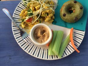 lunch = crazy Mac and cheese, hummus and veggies, and a doughnut at Desert Roots Kitchen in Tempe