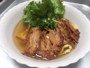 Noodle soup with mock pork.  at Sweet Root Vegetarian Restaurant  in Phnom Penh