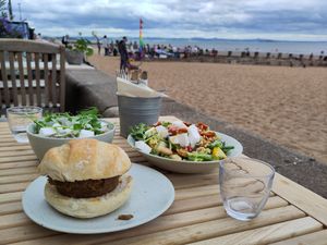 Salad, buddag bowl and haggis roll at The Beach House in Edinburgh