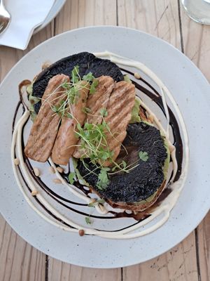 Avocado portobello toast with an extra sausage at The Beach House in Edinburgh