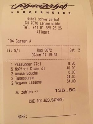 bill example at Hotel Schweizerhof Lenzerheide in Lenzerheide