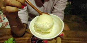 Amazing zuzu sorbet with candied peel. at Metta Vegetarian in Ho Chi Minh City