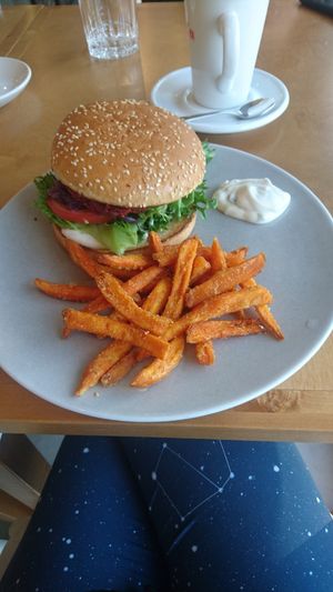 Chickpea burger with sweet potato fries at Trickster Tihane in Tartu