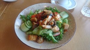 Salad with mushrooms and red bell pepper sauce at Trickster Tihane in Tartu