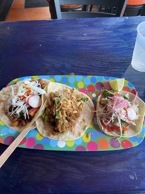 3 of the 5 vegan tacos at Birdrock Taco Shack in Bradenton