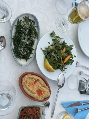 Hummus, samphire and cress style salad  at Saki in Dalyan